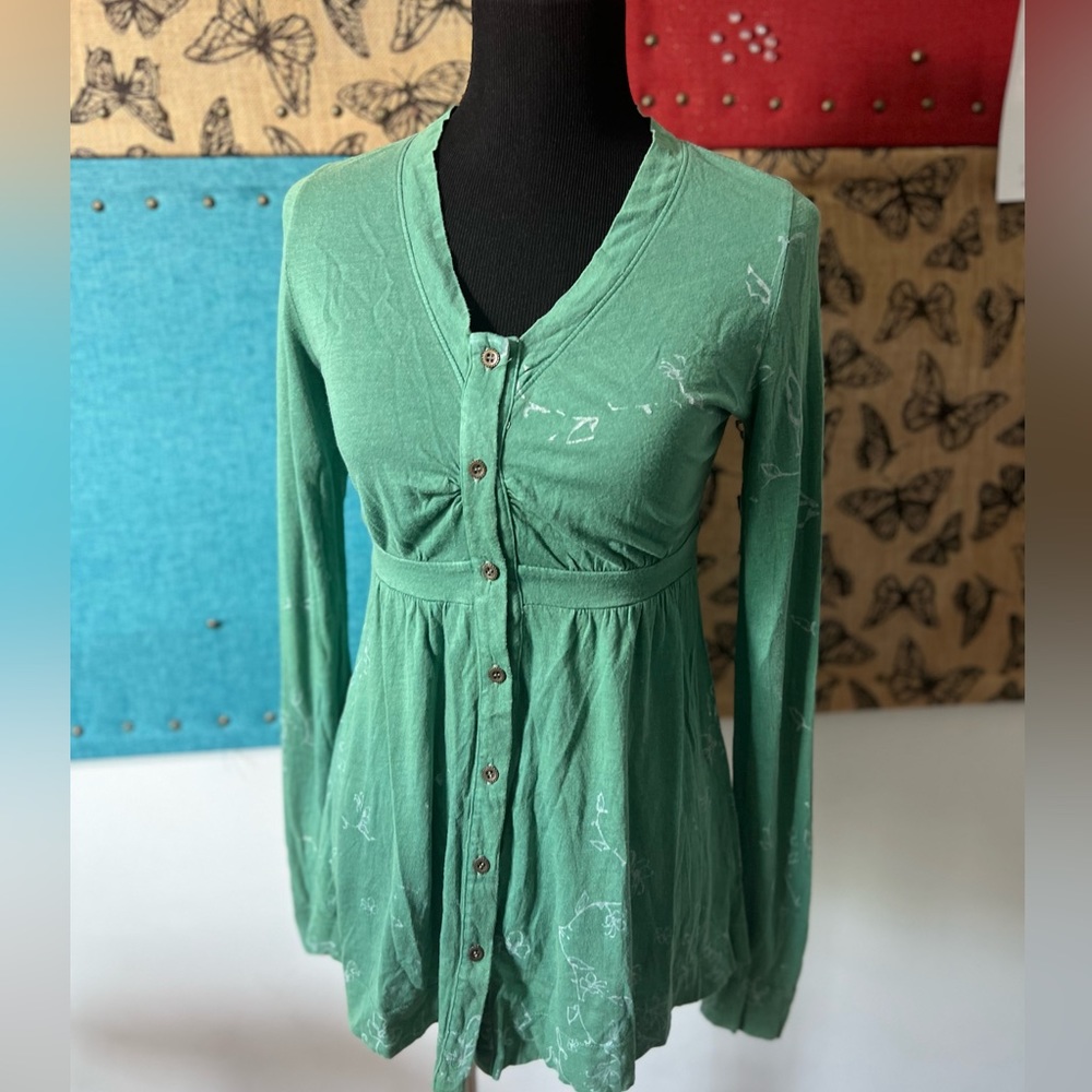 Gypsy 05 Babydoll Top Green Button Long Sleeve Women’s Small
